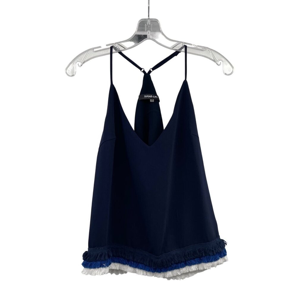 Sugar+Lips Womens Sleeveless Top Fringe Hem Racerback Blue/Multi Size Medium